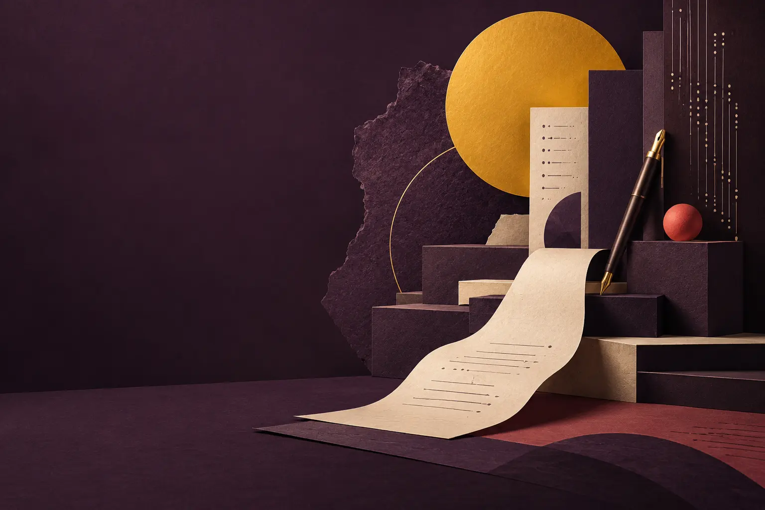Composição editorial abstrata em roxo, dourado e coral com papéis e uma caneta